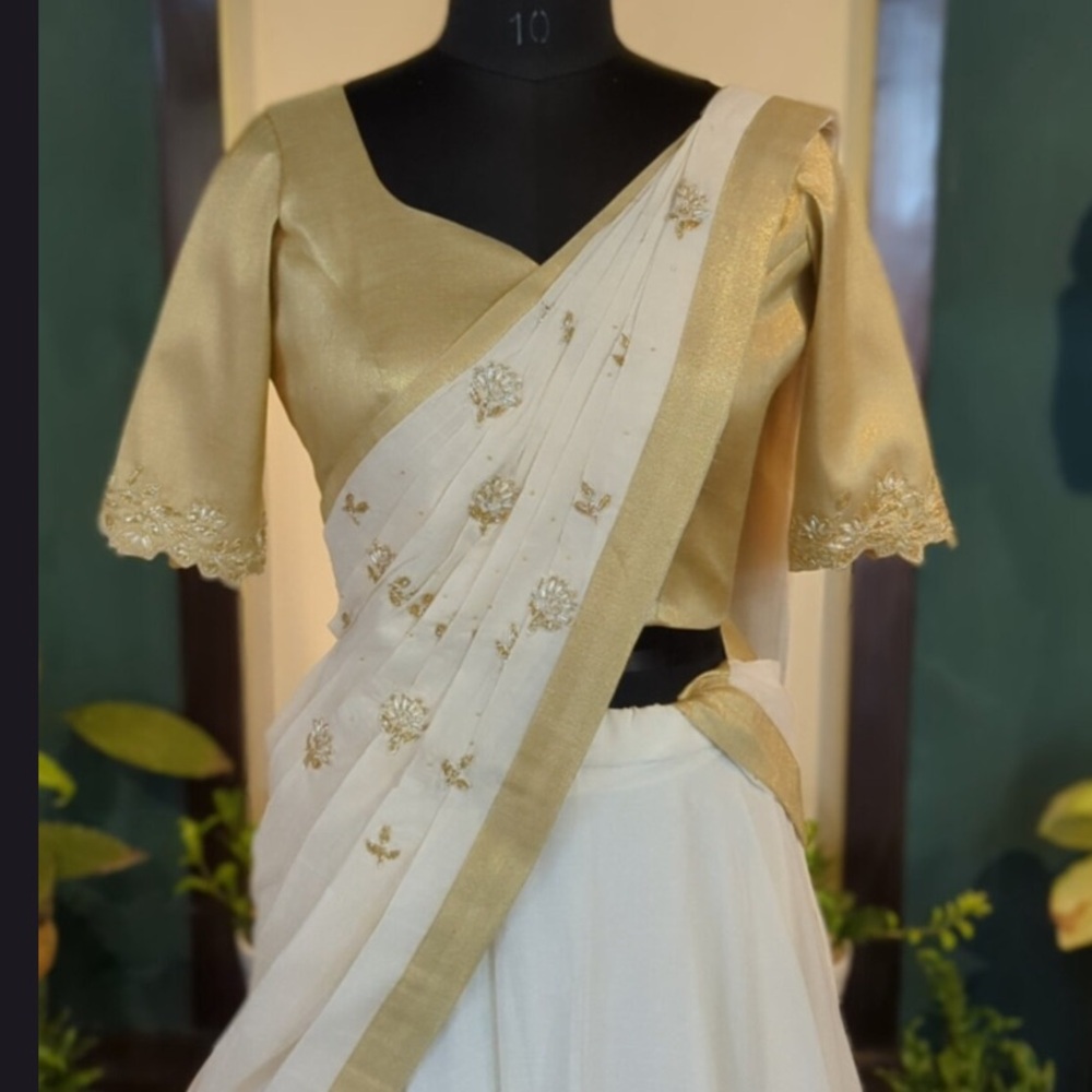 Kerala Onam Handloom Lehenga, Lengha sewn from sari with prepleated dupatta